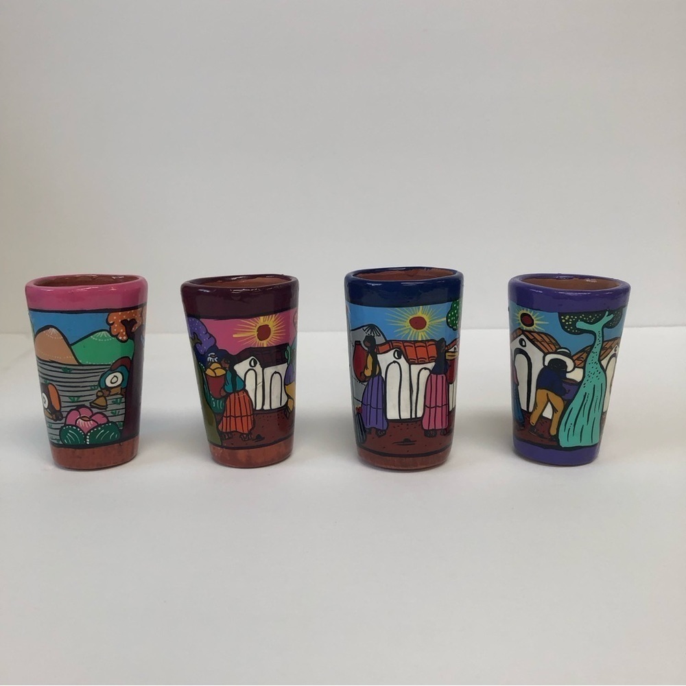 Set of 4/Tequila Shot Glass / NWT/ Hand Painted Colorful Mini Clay